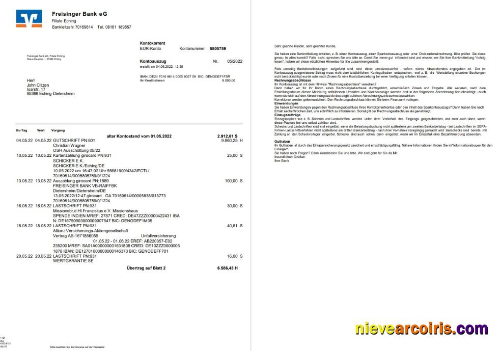 Germany Freisinger Bank eG statement 2 pages